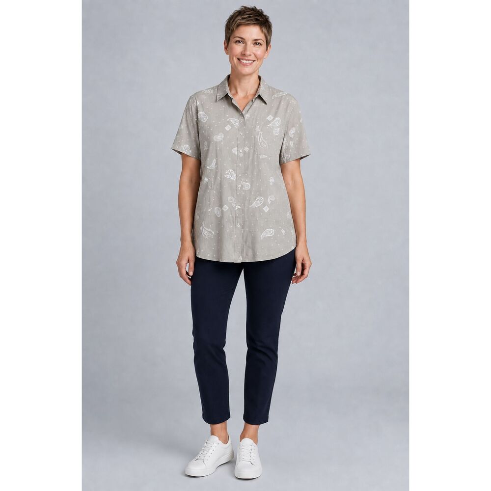 Abound Women’s Large Beige Paisley Short Sleeve Cotton Stretch Button Up NWT